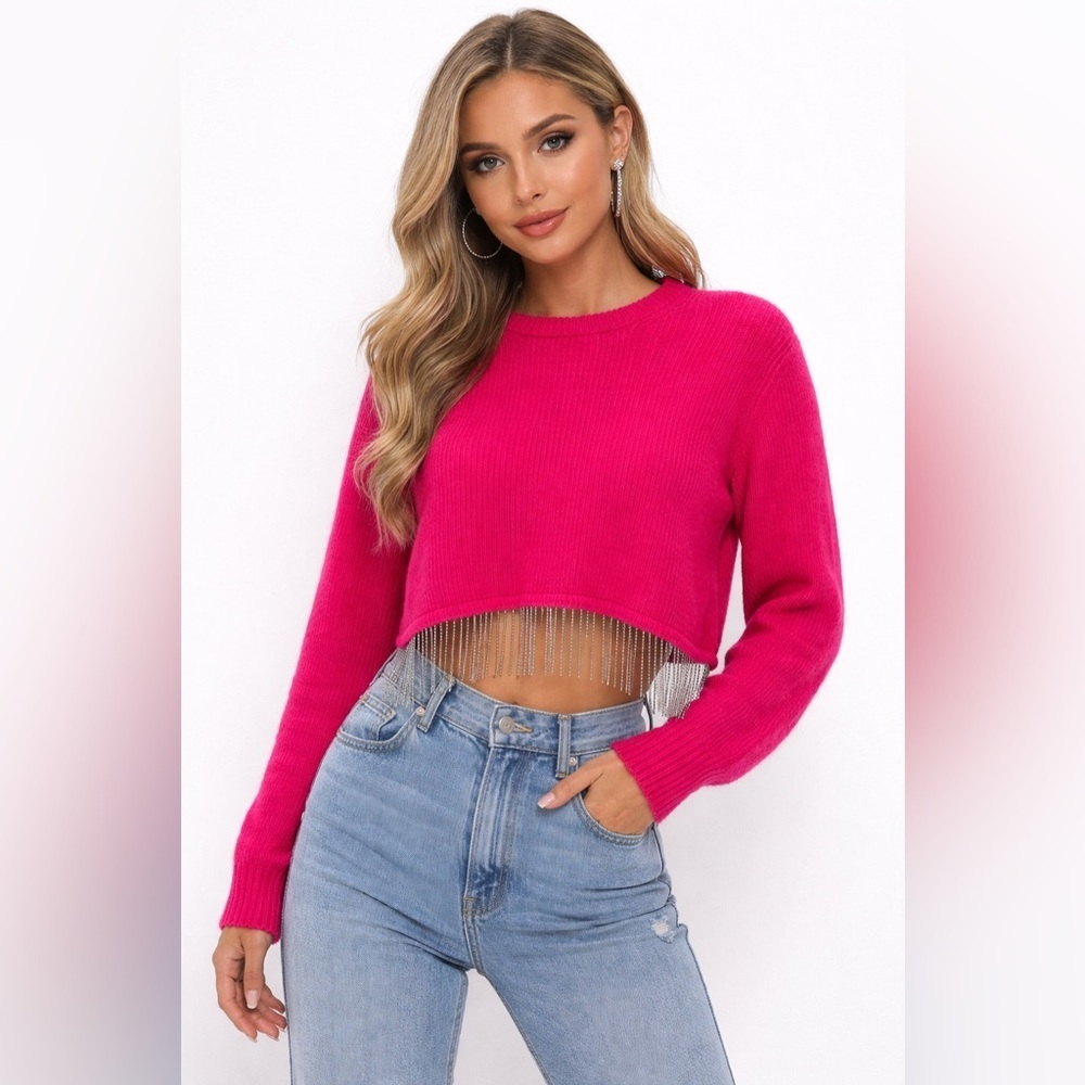 House of Harlow 1960 Hot Pink Cropped Sweater with Rhinestone Fringe Hem